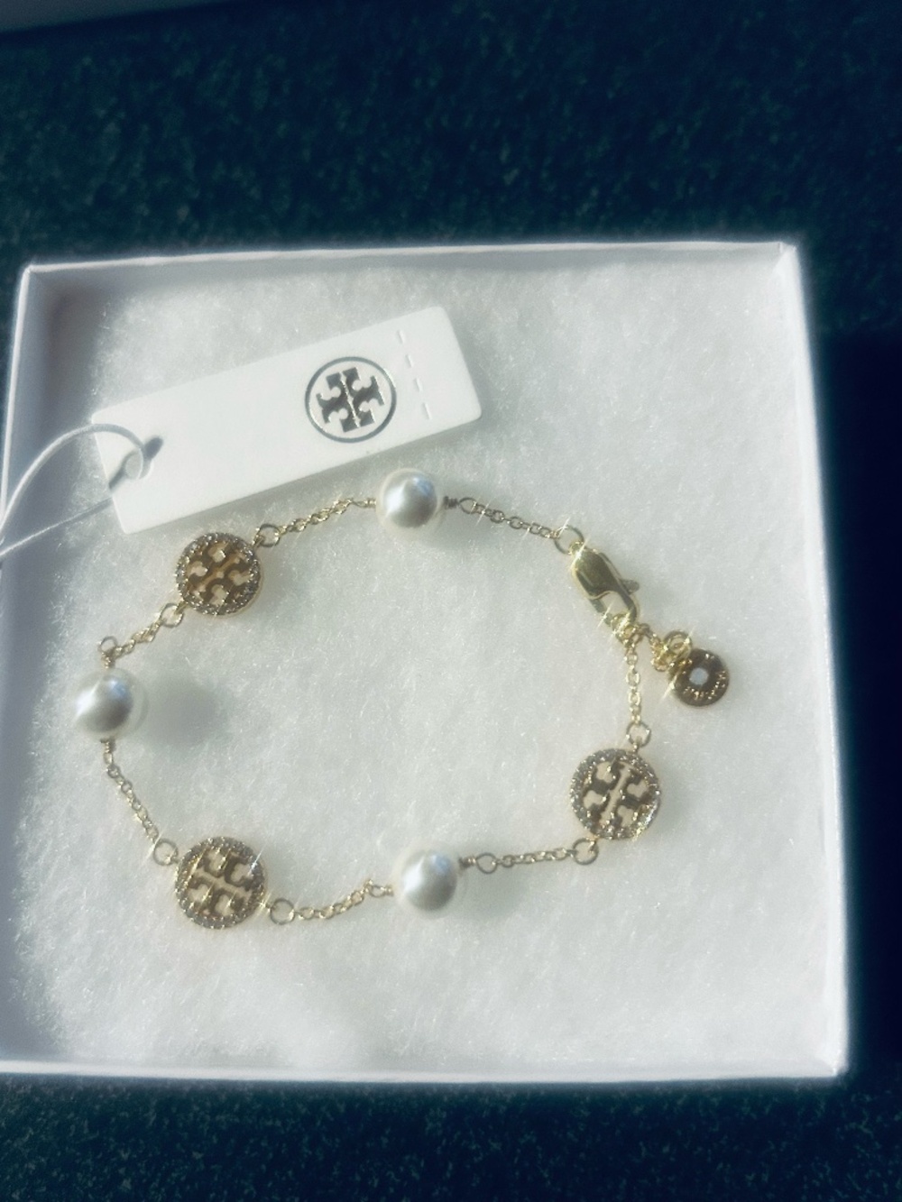 Tory Burch gold with diamond accent pearl bracelet